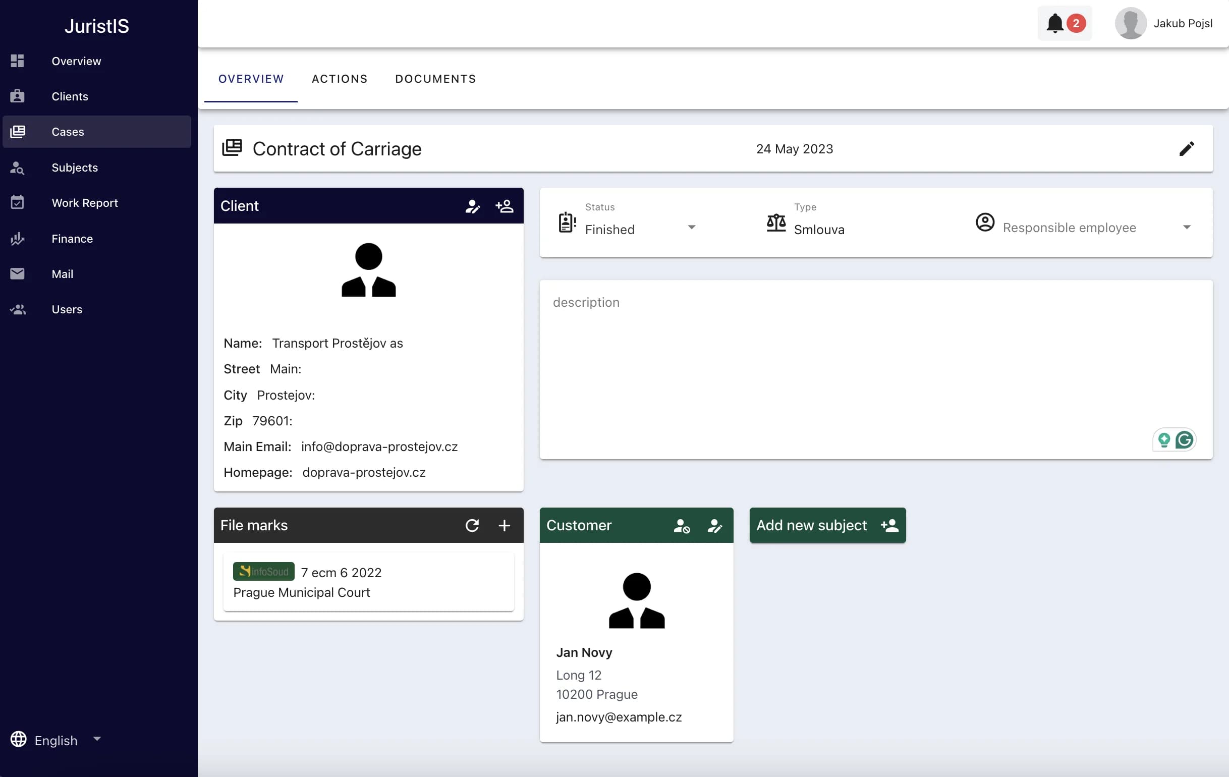 Legal case overview with client details and a case timeline