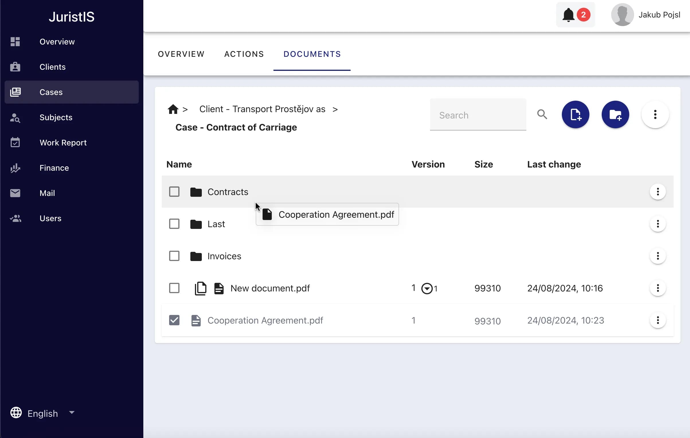 Case documents view with folders and drag & drop functionality