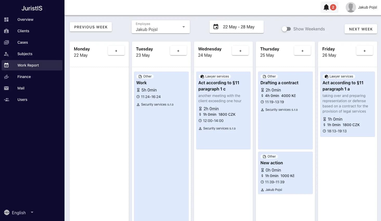 Work board view with recorded daily work tasks and billable services