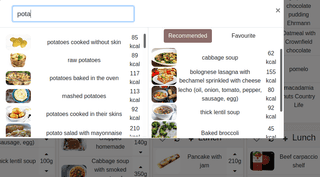 Modal window for food search with recommended and favourite foods